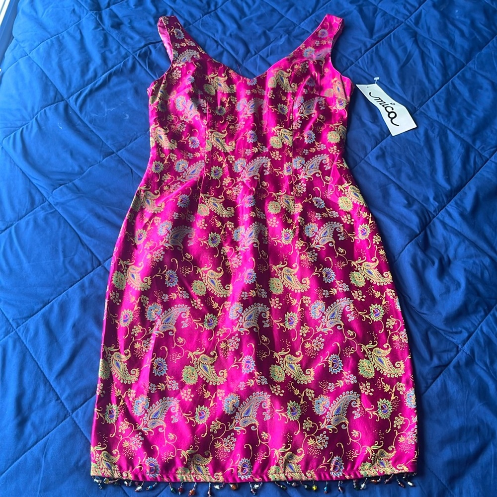 Pink Jacquard Print Dress with Beaded Hemline